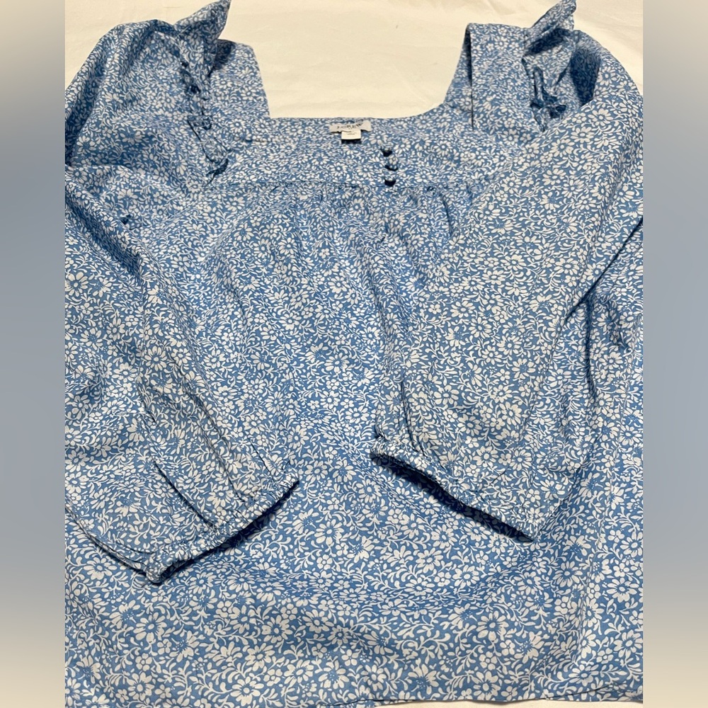 J. CREW Women’s Blue & White LS Squareneck Ruffle Floral Print Top Blouse Size M - Picture 12 of 13